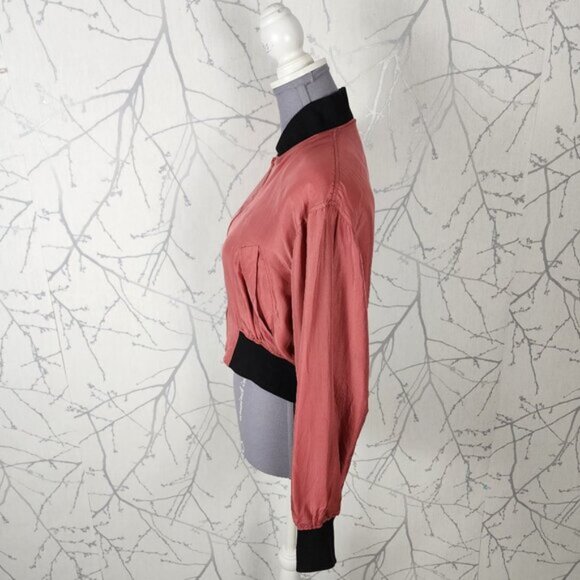 Vintage Salmon Pink 100% Silk Full Zip Cropped Bomber Jacket - Picture 2 of 5